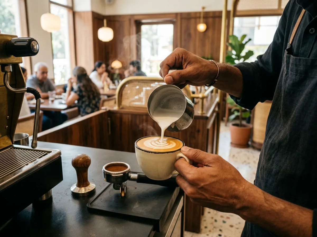 A barista pouring latte art into a ceramic cup on an espresso machine