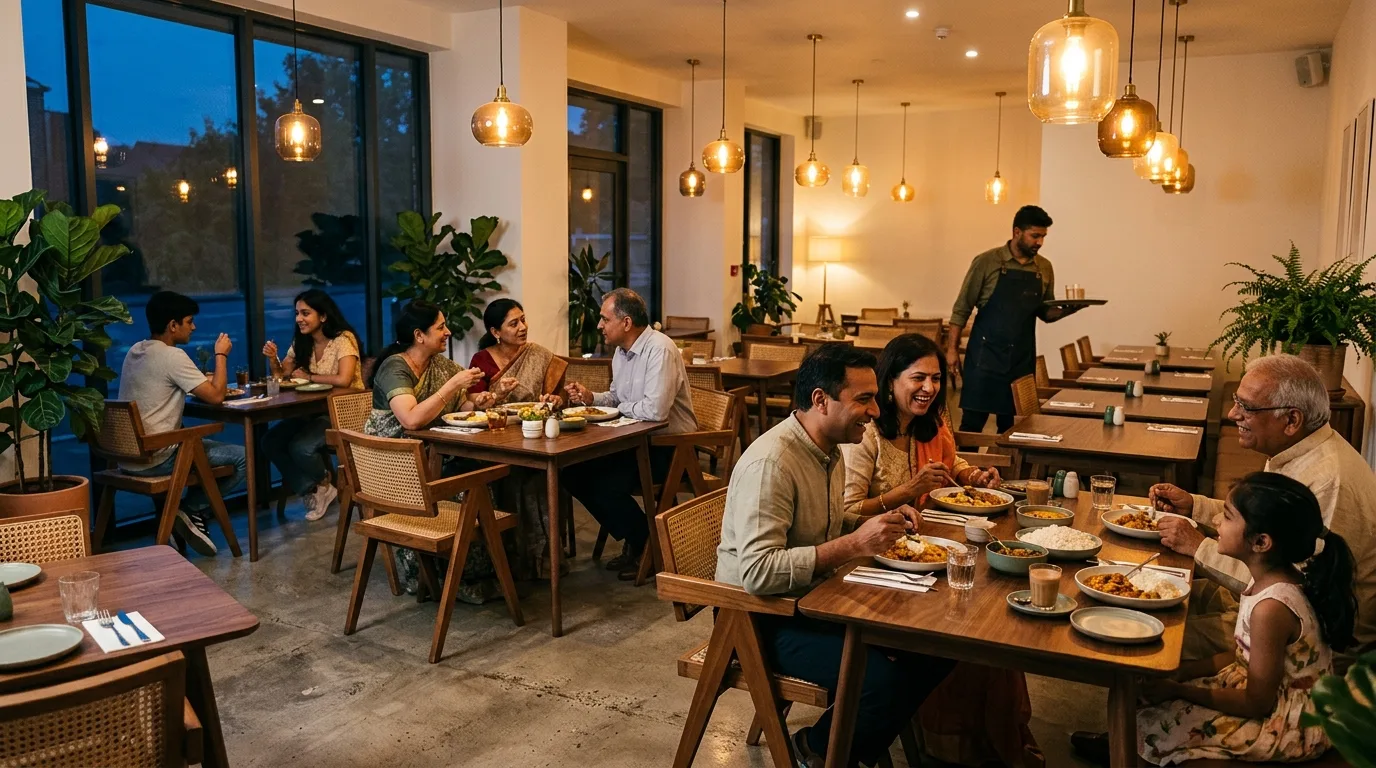A cafe dining room at dusk, pendant lights glowing, guests dining unhurried
