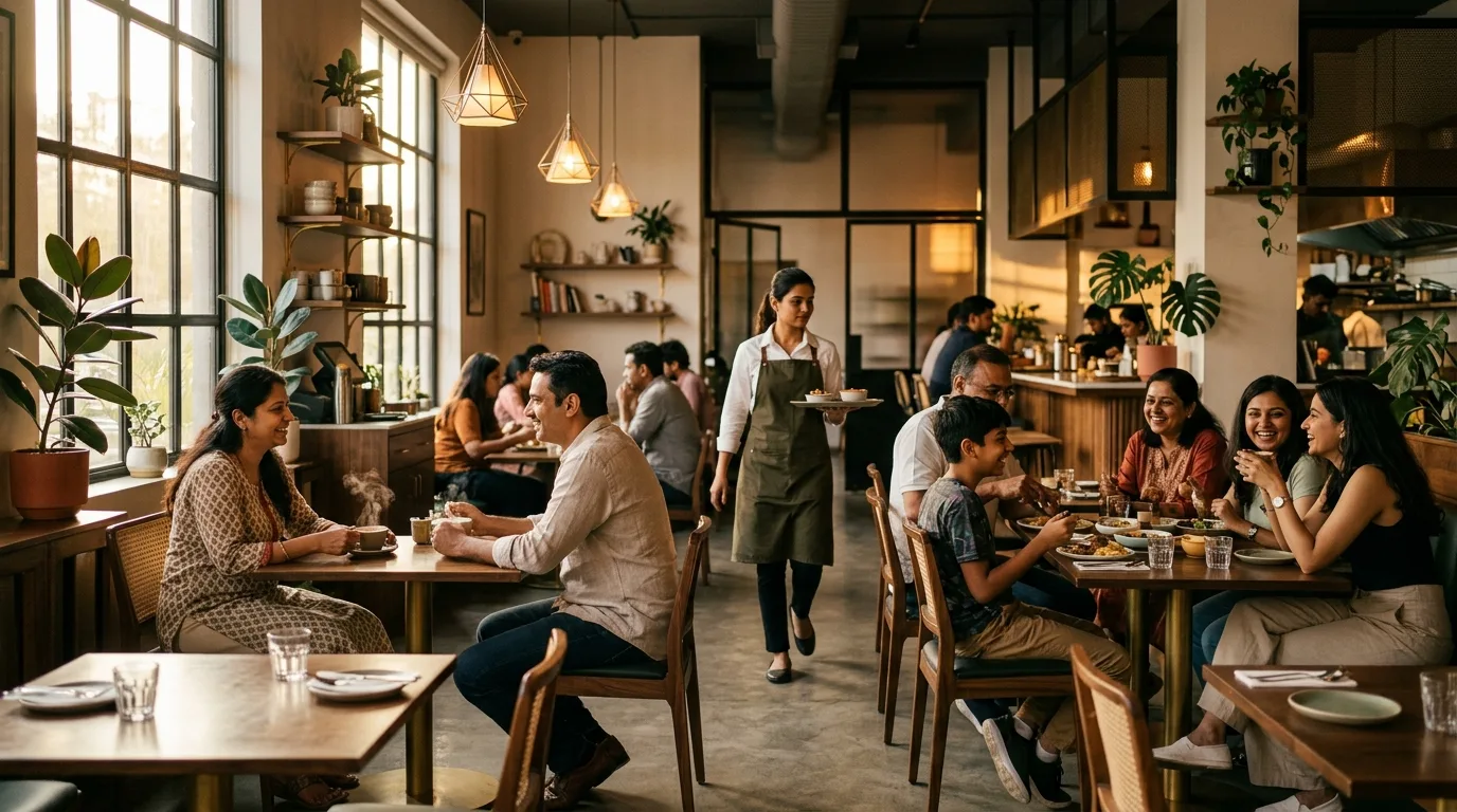 A busy independent cafe-restaurant dining room in the late afternoon, guests at every table and a server crossing the floor