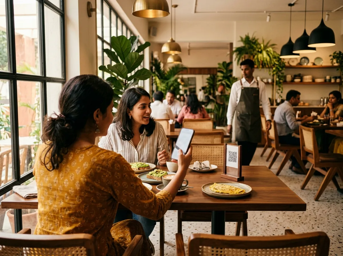 A guest scanning the QR code standing on her table, mid-conversation over breakfast