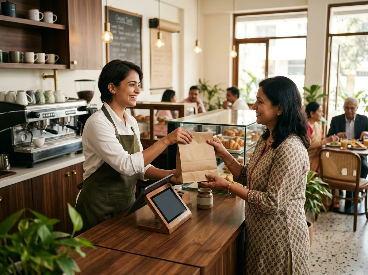 A barista handing a paper takeaway bag across the counter to a waiting customer